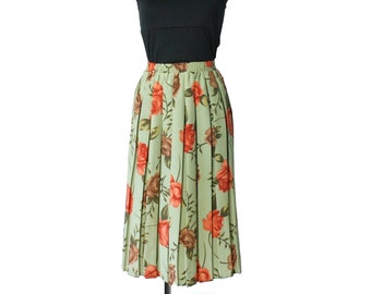 Accordion Pleat Floral Skirt, Green Red Brown Flowers Pleated Skirt, Vintage 80's 90's High Waisted Skirt  XXS-XS