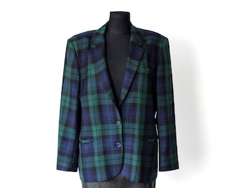 Vintage tartan wool blazer, 80's green & blue plaid long wool jacket made in Italy/ size Medium to Large