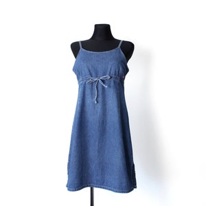 Vintage 90's 00's Blue Denim Spaghetti Straps Mini Dress, Jean Summer Dress - size Medium