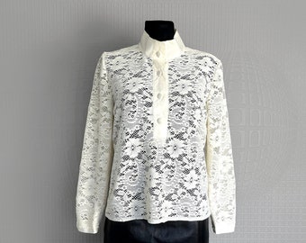 Blusa de encaje crema vintage hecha a mano, ver a través de camisa de malla mangas cortas botón hasta cuello alto / tamaño mediano a grande