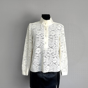 Vintage Handmade Cream Lace Blouse: Sheer Button-Up Top (M-L)