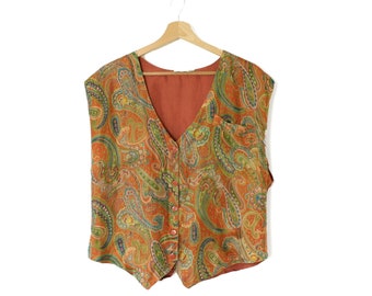 Silk Paisley Print Vest, Vintage 80's Colorful Sleeveless Crop Jacket Silk