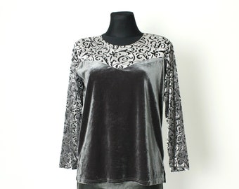 Vintage 80's 90's silver velvet shirt, Velvet grey floral print pullover long sleeves