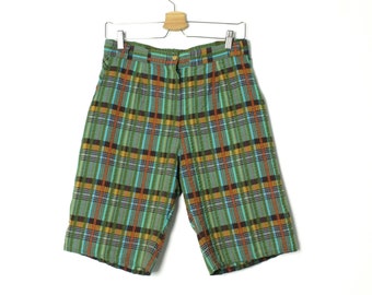 Vintage Plaid Bermuda Shorts, 80's Multicolor Check Striped Cotton Long Shorts / size Medium