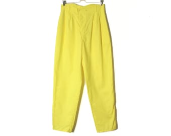 Yellow tapered pants, 80s Vintage high waisted pants, Pleat peg leg trousers, Textured cotton pants / Large to X-Large