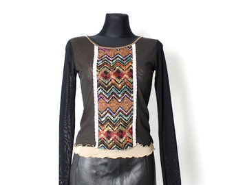 Vintage mesh textured blouse, 90&#39;s Black brown long sleeve layered top see thru/ size Small