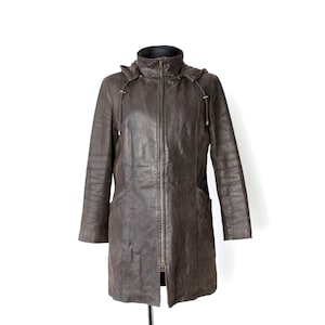 Vintage 80&#39;s 90&#39;s Brown Real Leather Jacket Hooded Short Trench Coat - Medium