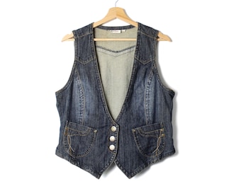 Gilet pour femme en denim délavé vintage, veste en jean sans manches des années 90 Steampunk ajustée / taille Large