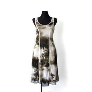 Vintage Y2K Layered Dress with Palms Print,  Brown Beige Beach Print Midi Long Mesh Layers Sleeveless Dress
