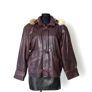 Vintage 70's 80's Leather Jacket with Faux Fur Hood, Toggle Buttons Burgundy Bomber Jacket image 1