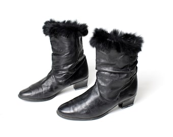 Vintage Fur Trimmed Leather Granny Boots - 70s Steampunk Size US 7.5