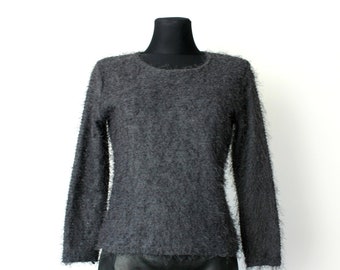 Fuzzy Grey Sweater, Vintage 80's 90's Fluffy Sweater, French Knit Pullover