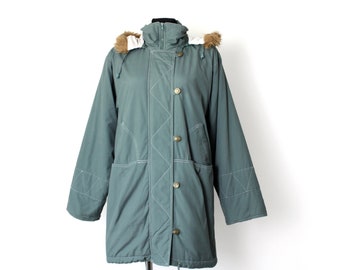 Vintage Teal Green Parka: 80s/90s Faux Fur Trim Hooded Coat