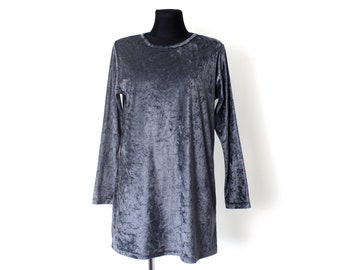 Vintage 80's 90's grey velvet blouse tunic, Velvet pullover top long sleeves