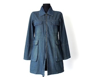 Vintage jaren 90 Denim Coat Button Down, Jean Midi Jacket Dress Lange mouwen / maat Small tot Medium