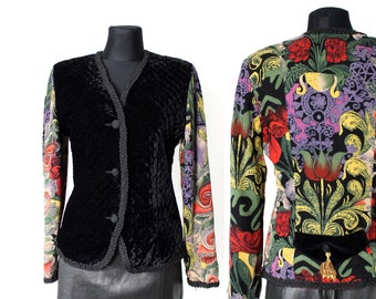 Giacca trapuntata multicolor in velluto, blazer button down glamour anni '70 vintage anni '80 realizzato nella Germania occidentale