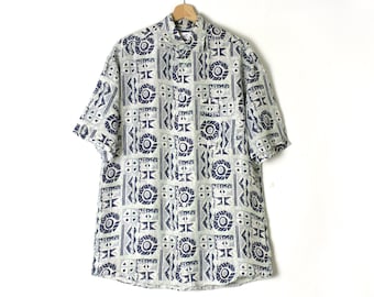 Vintage 80's 90's Silk Lightweight Men's Shirt, Abstract Print Collared Button Down Blue Shirt Boho short sleeves