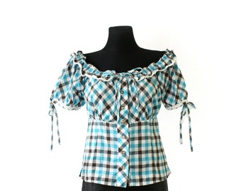 Vintage Gingham Blue Dirndl Blouse, 90s Puffy Sleeve Off Shoulder Check Top, Oktoberfest German Tyrolean Austrian Button Down