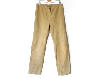 Vintage Beige Suede Pants, 90's 00's Leather Straight Pants Trousers Y2K fashion - size Medium