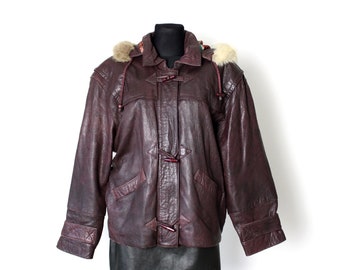 Vintage 70's 80's Leather Jacket with Faux Fur Hood, Toggle Buttons Burgundy Bomber Jacket
