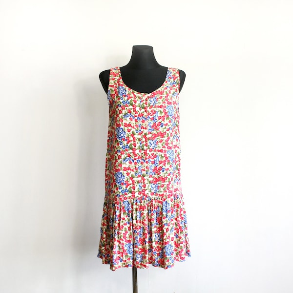 90's Floral Dress, Vintage Loose Fit Sleeveless Mini Dress with Bold Flowers button down