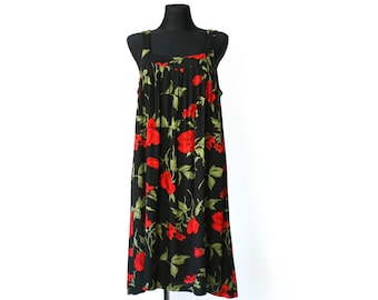 Vintage Roses Viscose Dress,  90's Red  Black Floral Print Flowy Dress, Sun Viscose Boho Dress