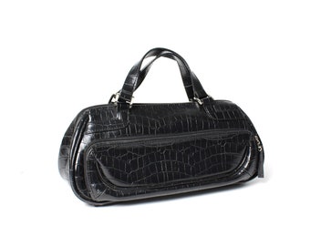 Top handle faux patent leather bag, 90's 00's Black croco embossed handbag purse vegan leather