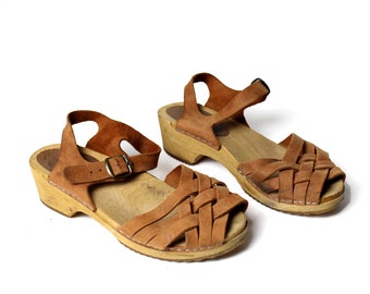 Vintage Brown Swedish Clogs, Suede Wooden Platform Clogs, Leather Slingback Sandals Made in Sweden - EUR 39/ US 8.5/ UK 6