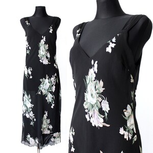 Vintage sheer floral dress, 90&#39;s Mesh Black Double Layered Flower Print Mdid Long Dress Open Back
