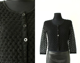 Vintage Black Lace Cardigan, jaren 90 bijgesneden avond Bolero Top, See Thru Mesh Balero lange mouwen