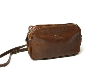 Vintage THE FARGO 70er Braun Echt Leder Kleine Crossbody, Italienische Umhängetasche Messenger Bag Geldbörse