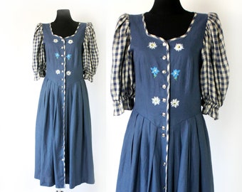Vintage Linen Dirndl Dress: German Blue Floral Folk Costume
