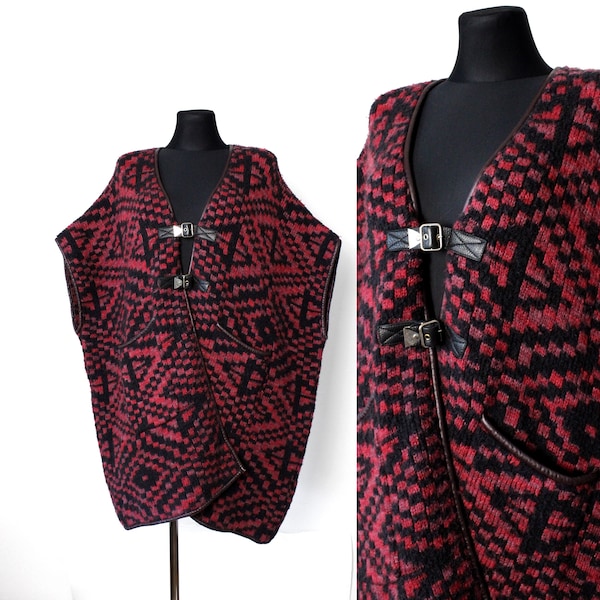 Vintage wool knit cape, Red & Black tribal print poncho coat