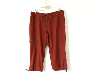 Vintage Linen Blend Cargo Shorts, Drawstring Capri Pants,  90's Brick Red Long Utility Cropped Pants XXL