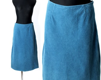 Vintage Turquoise Corduroy A-Line Midi High Waisted Skirt