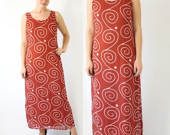 Vintage 90s Burnt Orange Maxi Dress: Abstract Print Boho Sun Dress