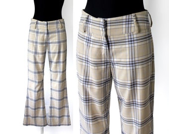 Vintage Plaid Boot Cut Pants, 90's Check Beige Blue White Trousers Mid Rise - Small to Medium