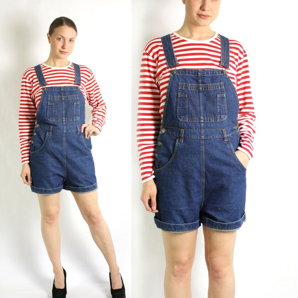 Vintage 90's Blue Denim Jean Shorts Overalls Jumpsuit Jumper Grunge Slouch