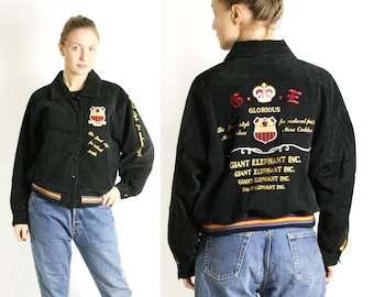 Vintage 90&#39;s  Black Suede Padded Embroidered Bomber Jacket Patches Writing