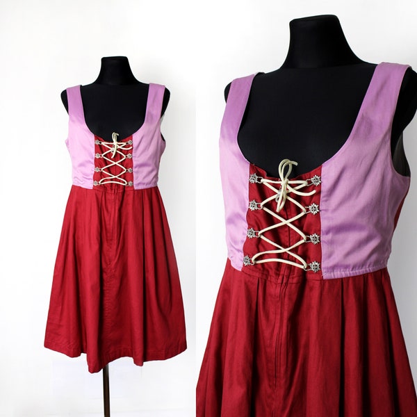 Vintage Dirndl Rot Rosa Kleid, Schnüren Trachten Trägerkleid, Deutsche Tracht Oktoberfest