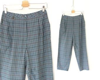 Blue Plaid Pants, Vintage 70s High Waisted Check Tapered Pants, Blue Cotton Lightweight Trousers