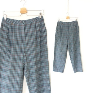 Vintage 70s Blue Plaid High Waisted Cotton Trousers