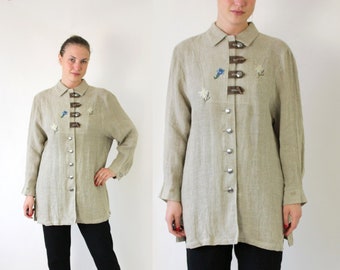 Loden Shirt, Vintage Shirt, Oatmeal Linen Jacket, Austrian Collared Shirt, Loden Dirndl Jacket, 80's Trachten Shirt   - Large to XLarge