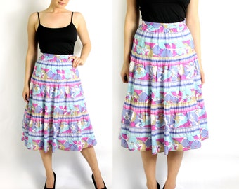 Vintage 70's 80's Colourful Pink Blue Floral Print A-Line High Waist Skirt Midi - Small to Medium