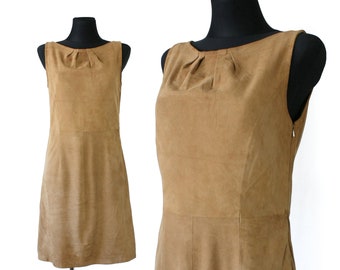 Vintage Brown Suede Mini Dress, 90's Leather Secretary Dress, Sleeveless Dress