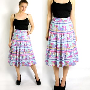 Vintage 70&#39;s 80&#39;s Colourful Pink Blue Floral Print A-Line High Waist Skirt Midi - Small to Medium
