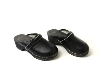 Kid's Wooden Clogs, Vintage Black Leather Platform Clogs Folk Hippie