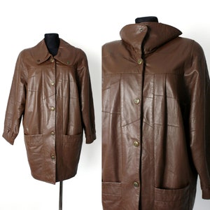 Vintage Leather Patchwork Trench Coat - 80s/90s Brown Leather Jacket - Large