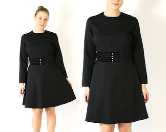 Vintage Black Skater Dress, 70's 80s Swedish Dress, Long Sleeves