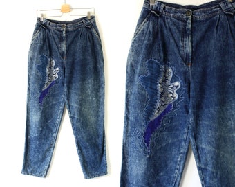 Acid Wash Tapered Denim Pants, 80s High Waisted Embroidered Jeans, Blue Peg Leg Pants